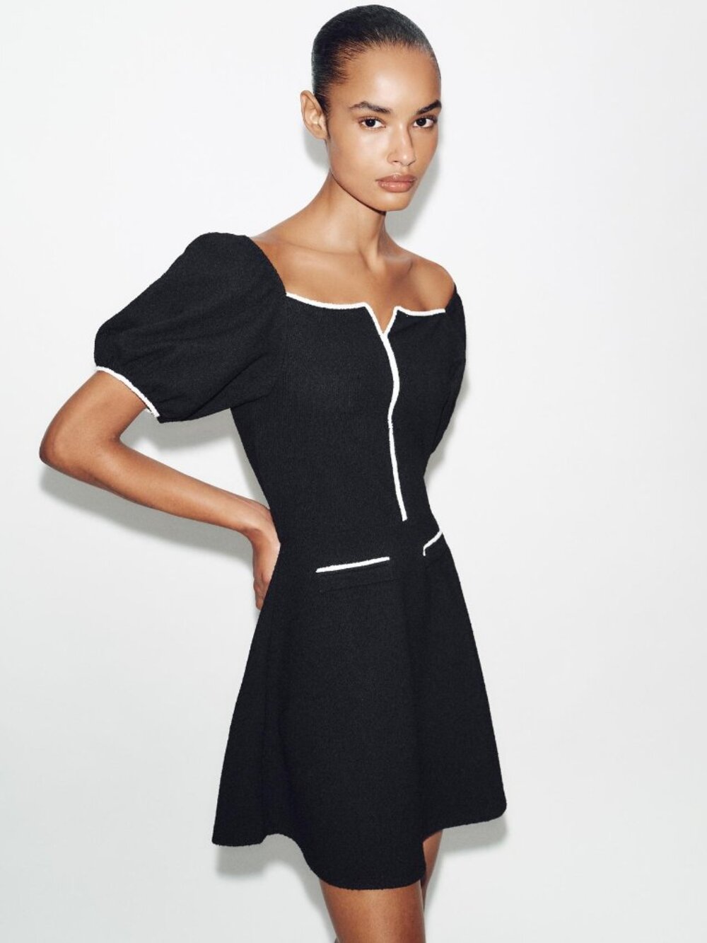 Zara Contrast Boucle Dress NWT Short Sleeve Black White Size Small